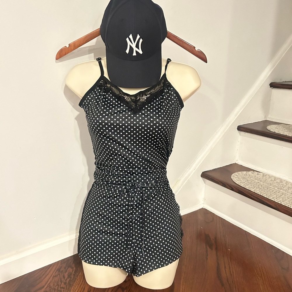 Black Polka Dot Romper with Lace Trim